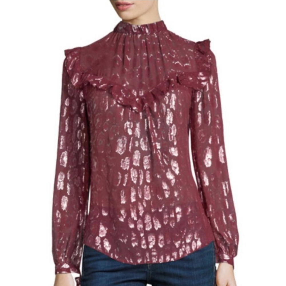 Veronica Beard Women's Brooks Burgundy Metallic Print Silk Blouse- Size 2 Small